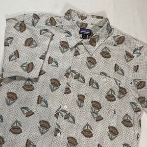 Patagonia Mens Organic Cotton Floral Short Sleeve Button Down Shirt Tan Brown M